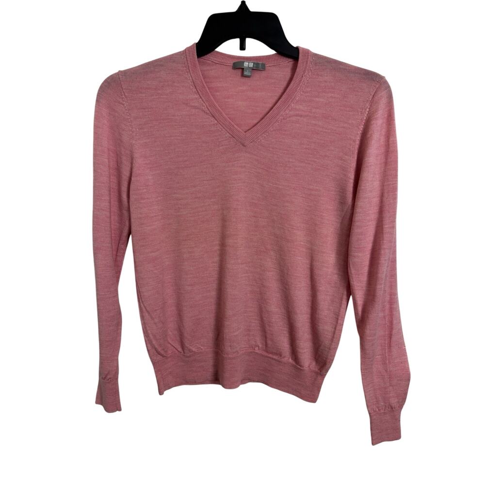 UniQlo 100% Wool Pink Lightweight V-Neck Pullover Sweater L Slim Fit Classic